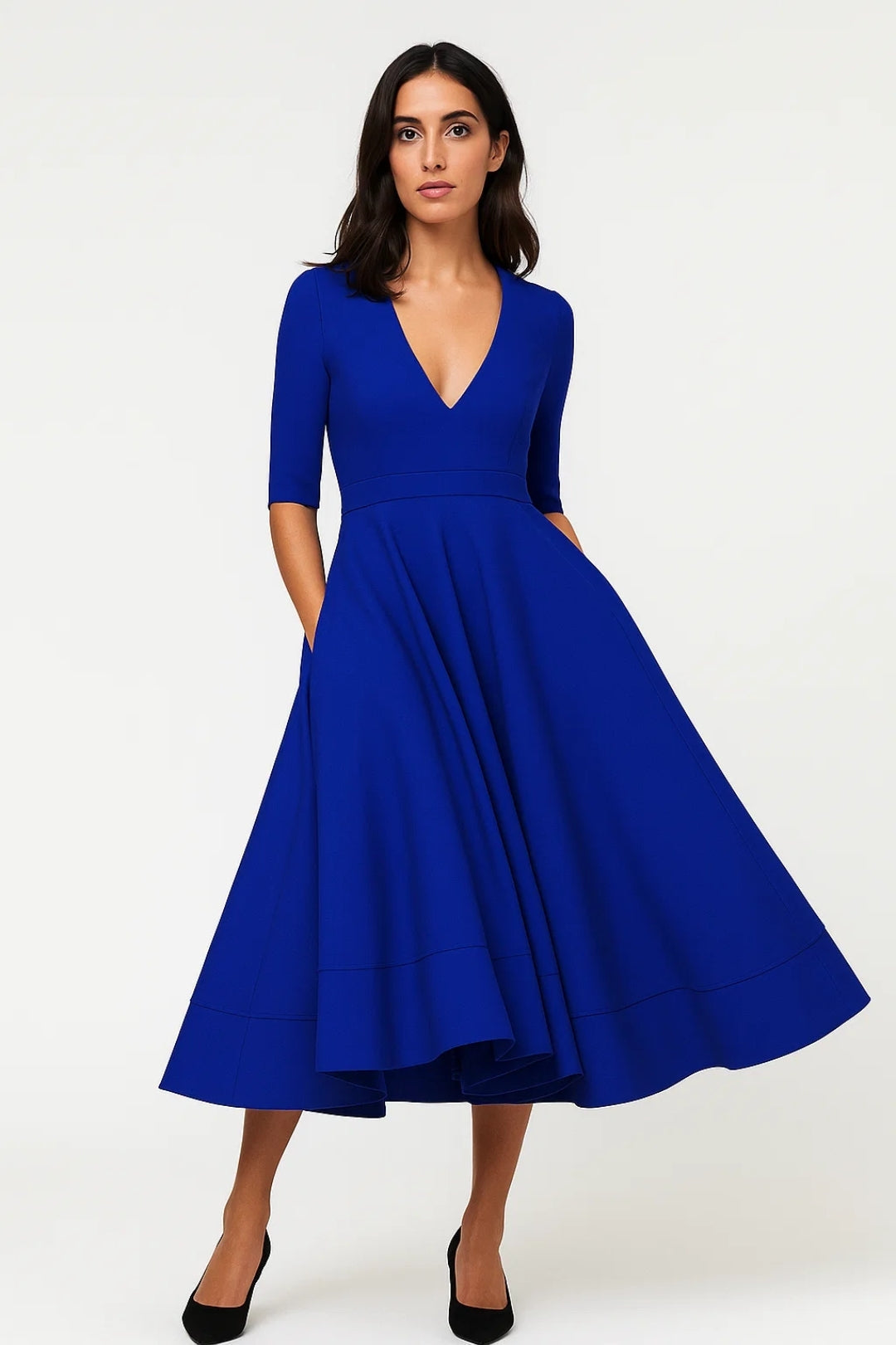 Robe midi élégante | Coupe évasée | Décolleté en V profond | Silhouette féminine pour un style intemporel de mi-saison