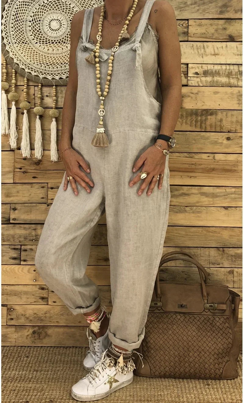 Combinaison en lin femme jambes évasées - gris blanc