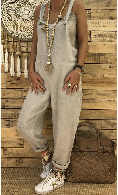 Combinaison en lin femme jambes évasées - gris blanc