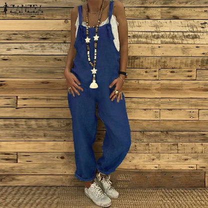 Combinaison en lin femme jambes évasées - bleu foncé