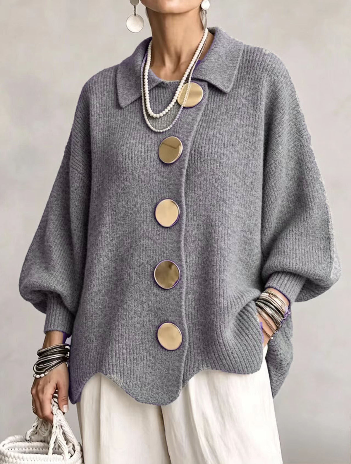 Cardigan oversize femme à manches lanterne et col pointu