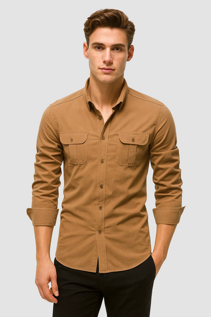 Chemise homme à manches longues et double poches - marron