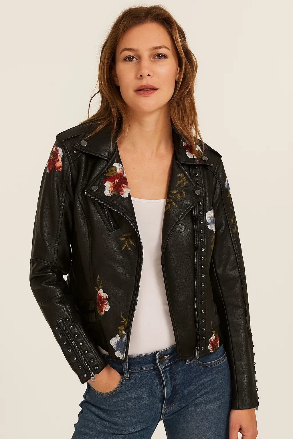 Veste motard imprimée fleurs pour femme - noir