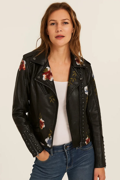 Veste motard imprimée fleurs pour femme - noir