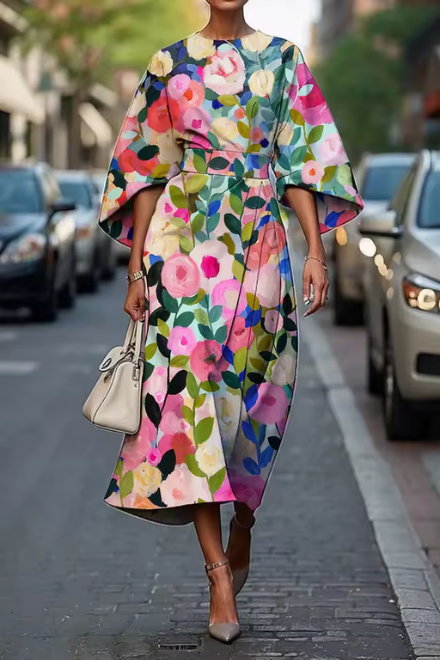 Robe florale femme à imprimé fleuri rose et vert