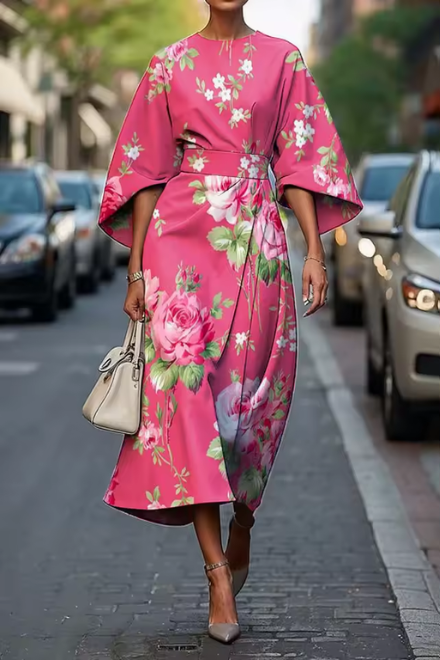 Robe florale femme à imprimé fleuri rose et vert