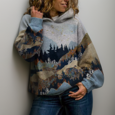Pull à capuche motif montagne - 1