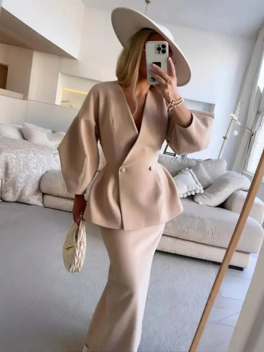 Léopoldine | Ensemble blazer et jupe femme manches bouffantes