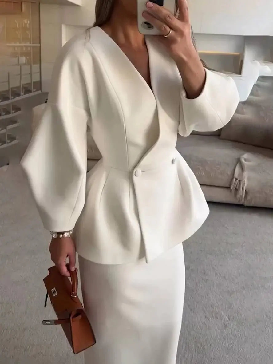 Léopoldine | Ensemble blazer et jupe femme manches bouffantes