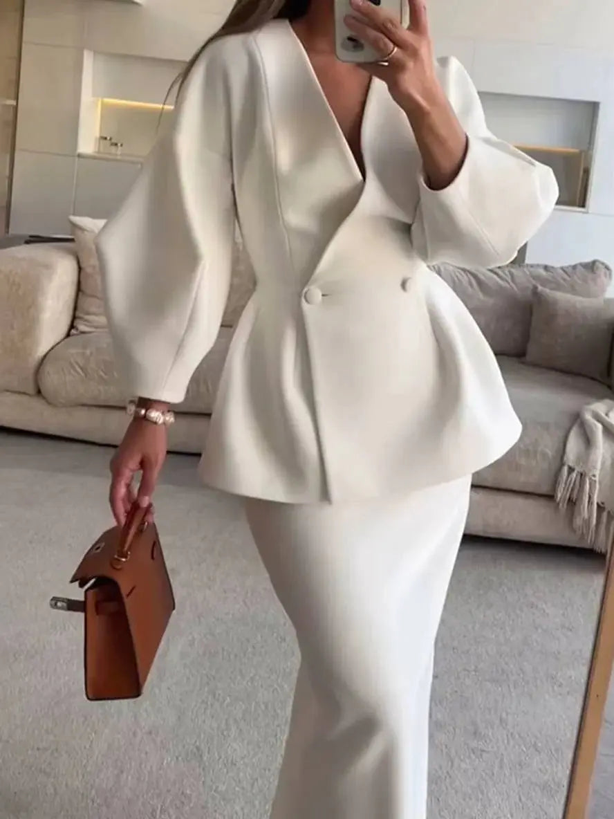 Léopoldine | Ensemble blazer et jupe femme manches bouffantes