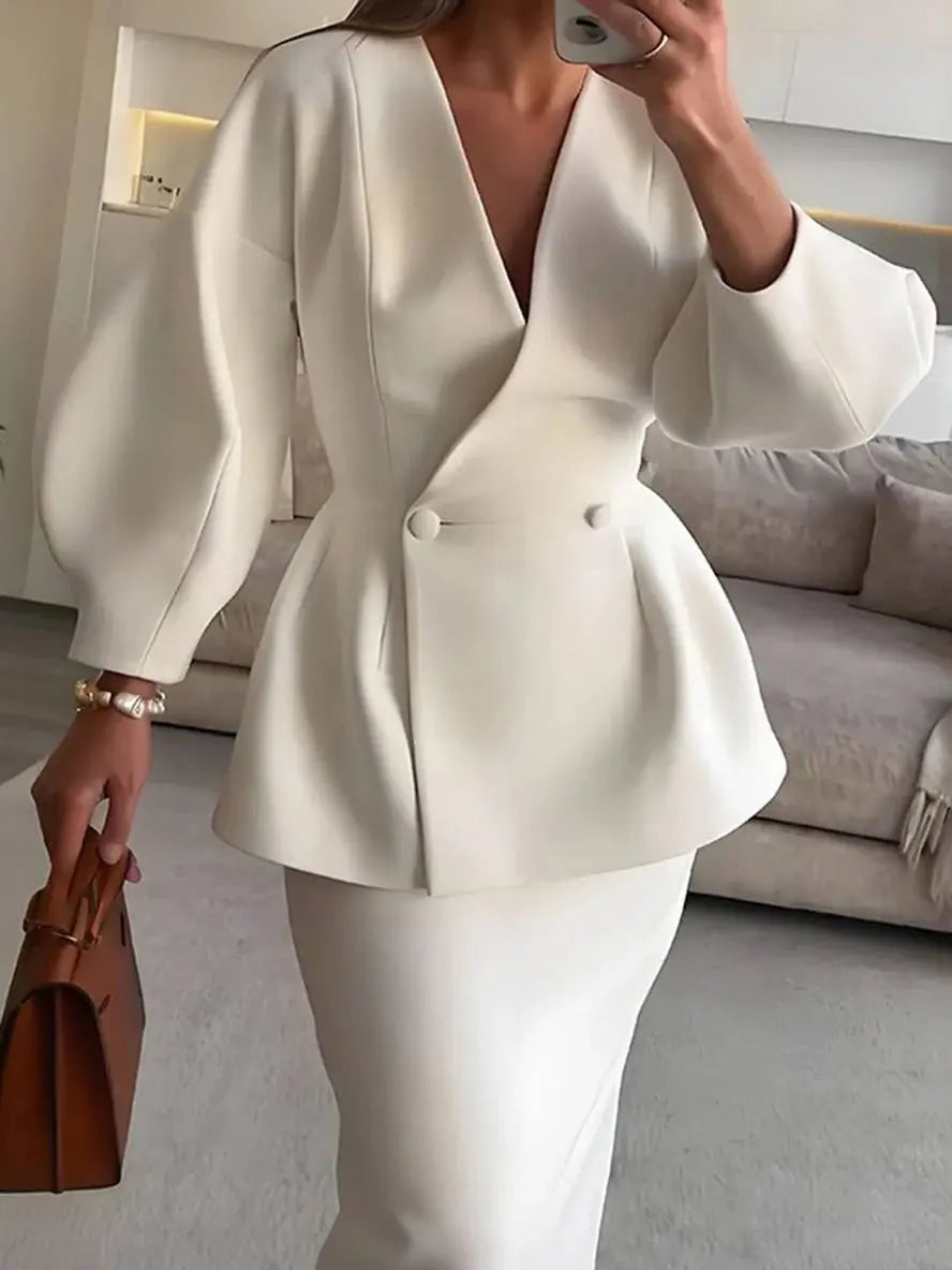 Léopoldine | Ensemble blazer et jupe femme manches bouffantes