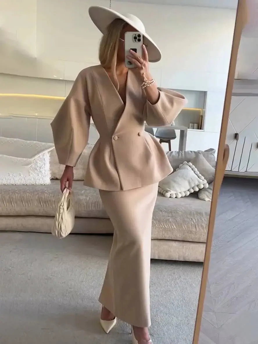 Léopoldine | Ensemble blazer et jupe femme manches bouffantes