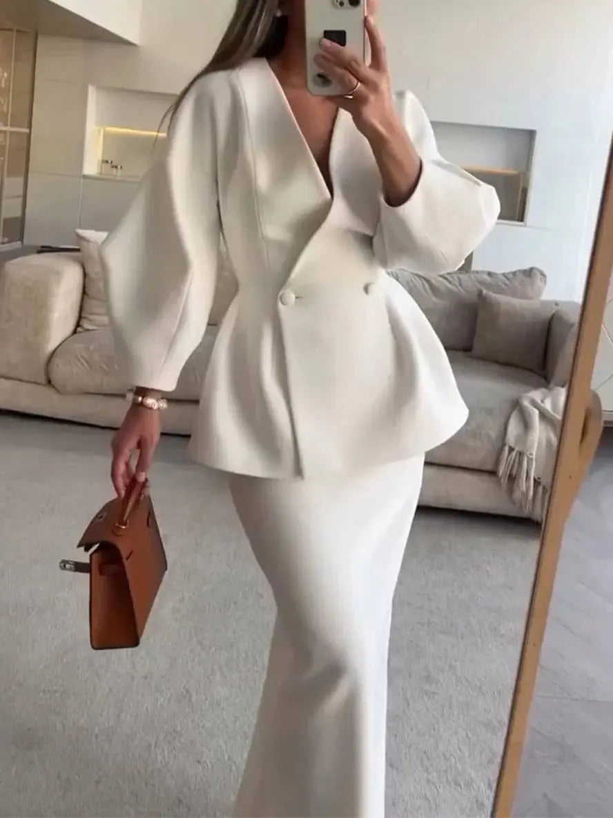 Léopoldine | Ensemble blazer et jupe femme manches bouffantes