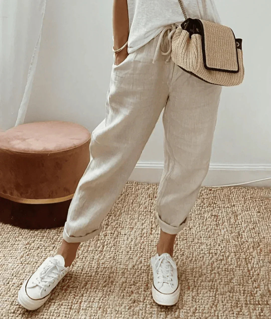 Pantalon femme imprimé à cordon - beige