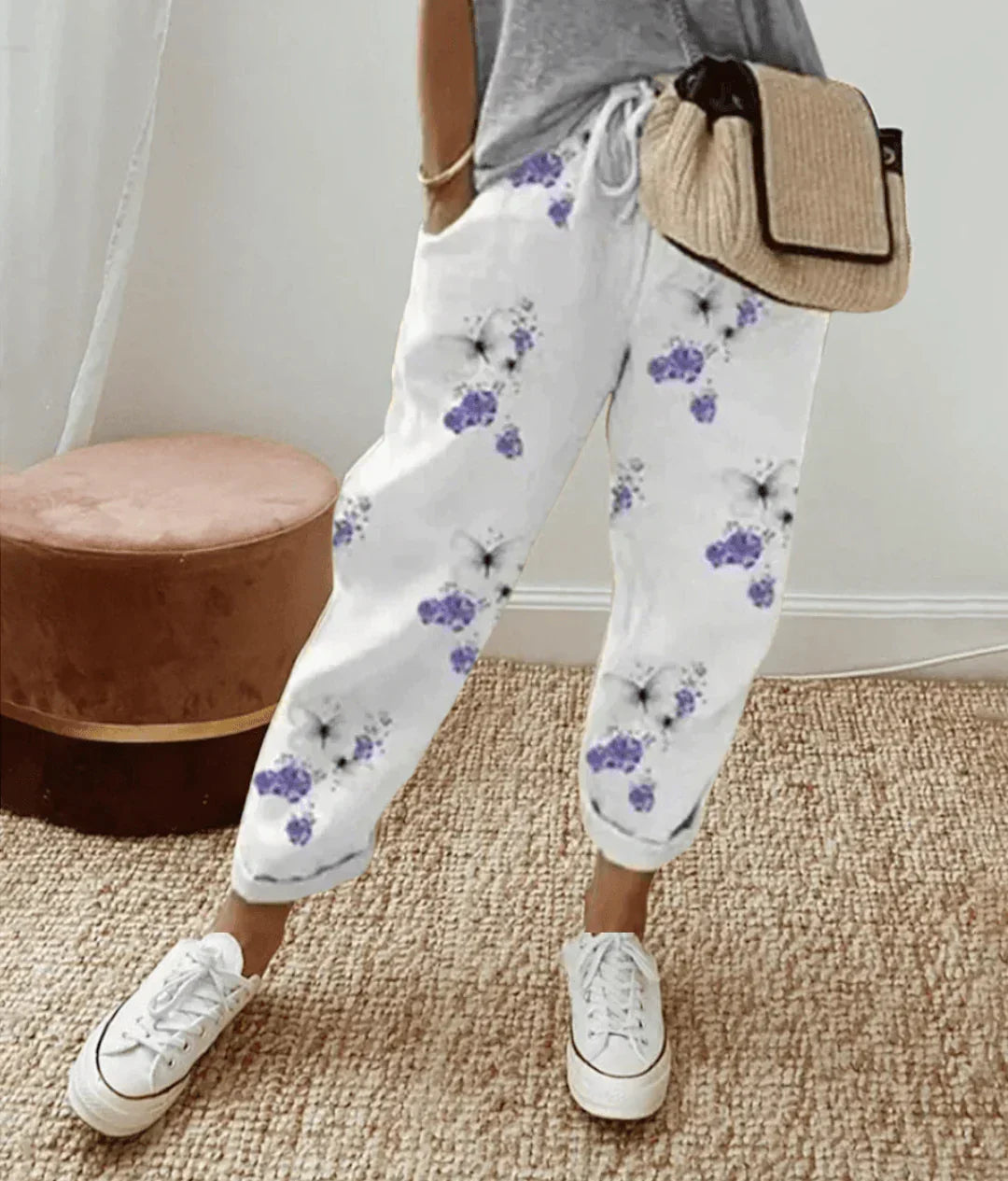 Pantalon femme imprimé à cordon - motifs floraux