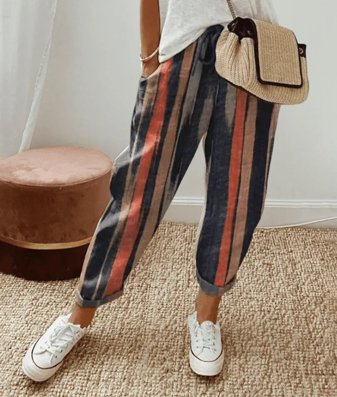 Pantalon femme imprimé à cordon - rayé