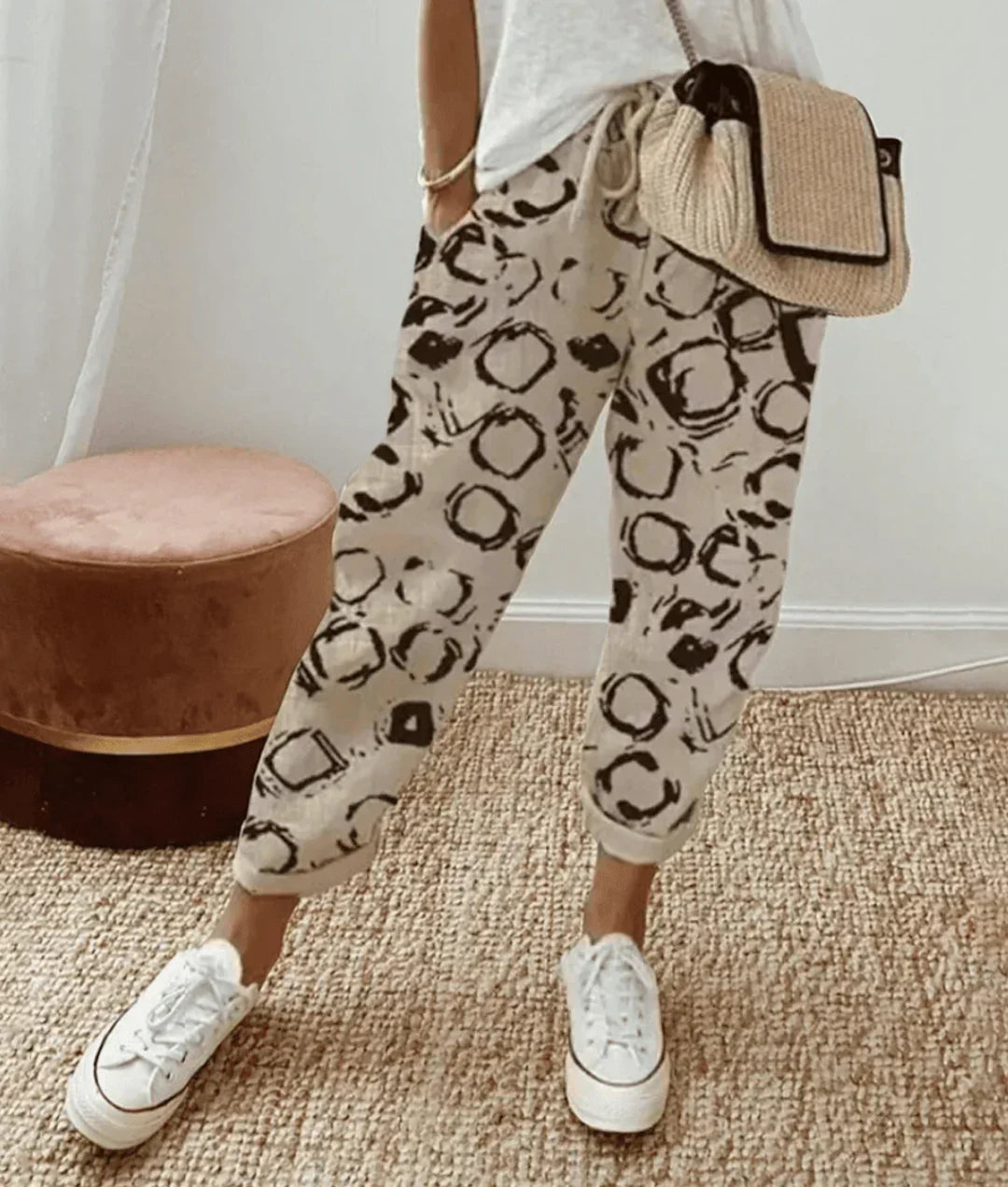 Pantalon femme imprimé à cordon - beige (avec motif circulaire)