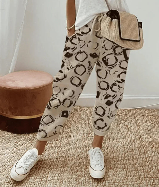 Pantalon femme imprimé à cordon - beige (avec motif circulaire)