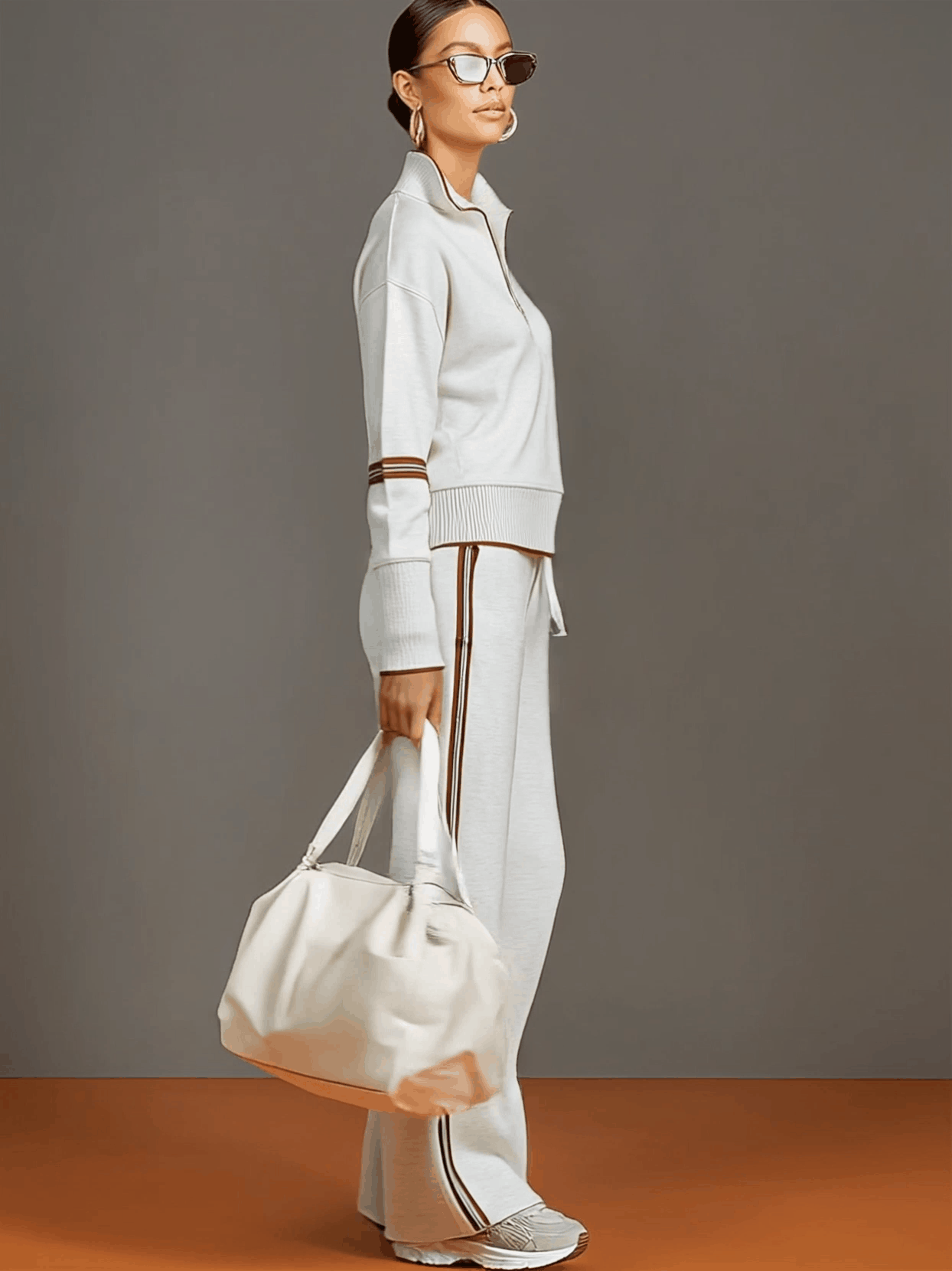 Femme en ensemble blouse et pantalon large coordonné