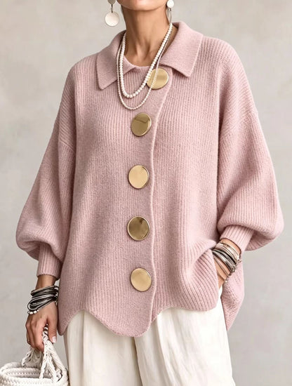 Cardigan oversize femme à col pointu et boutons dorés