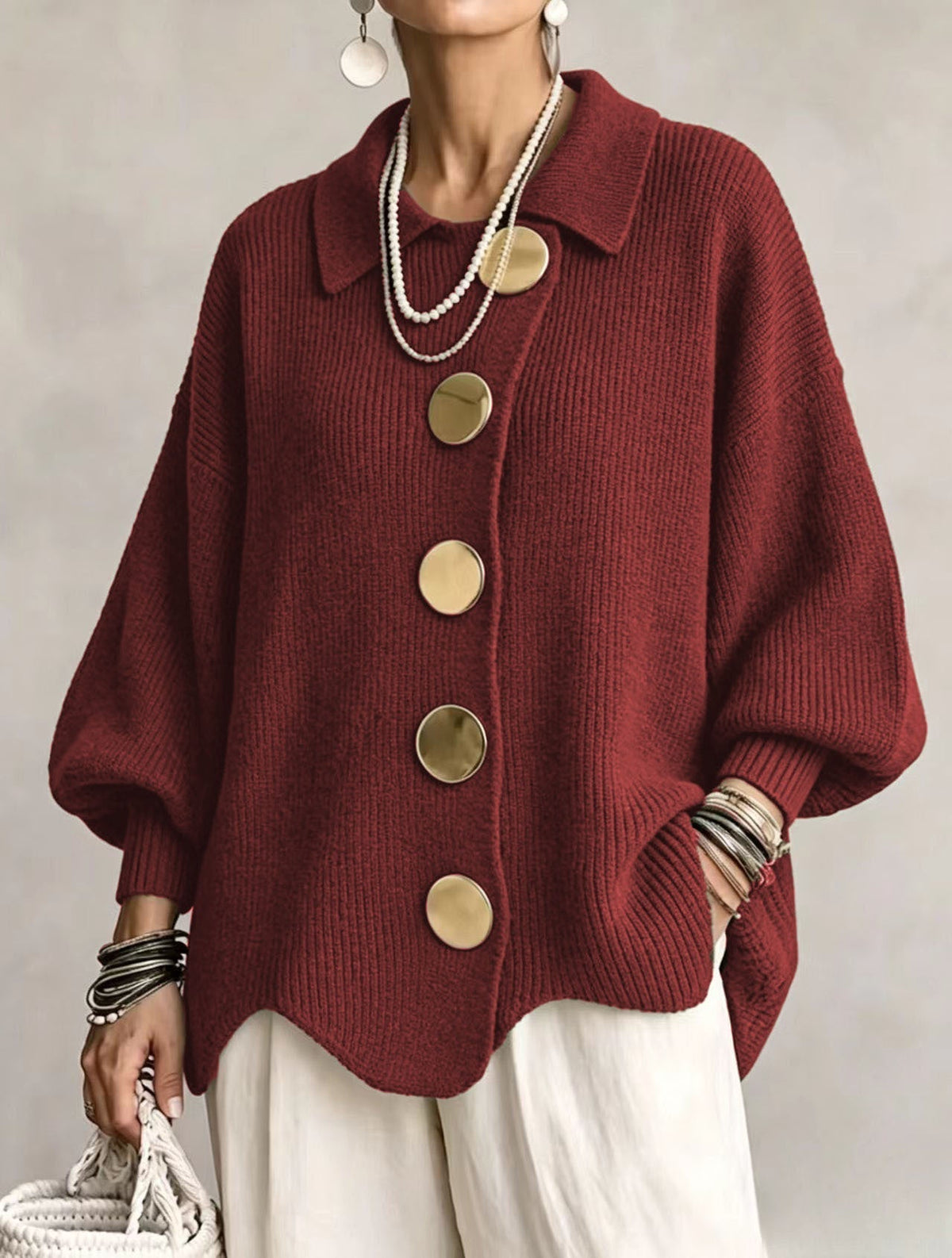 Cardigan oversize femme à col pointu et boutons dorés