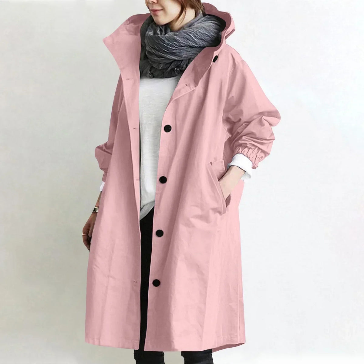 Manteau long femme à capuche avec boutons