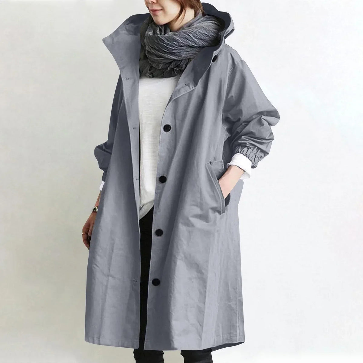 Manteau long femme à capuche avec boutons