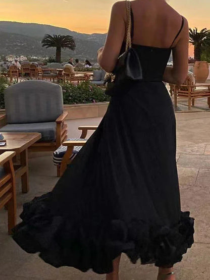 Joëlle | Robe midi bretelles et volants