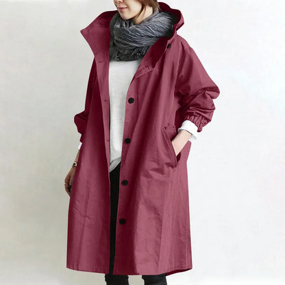 Manteau long femme à capuche avec boutons