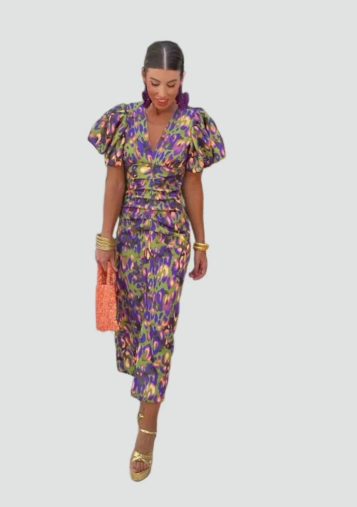 Élise | Robe Midi Fleurie à Manches Bouffantes