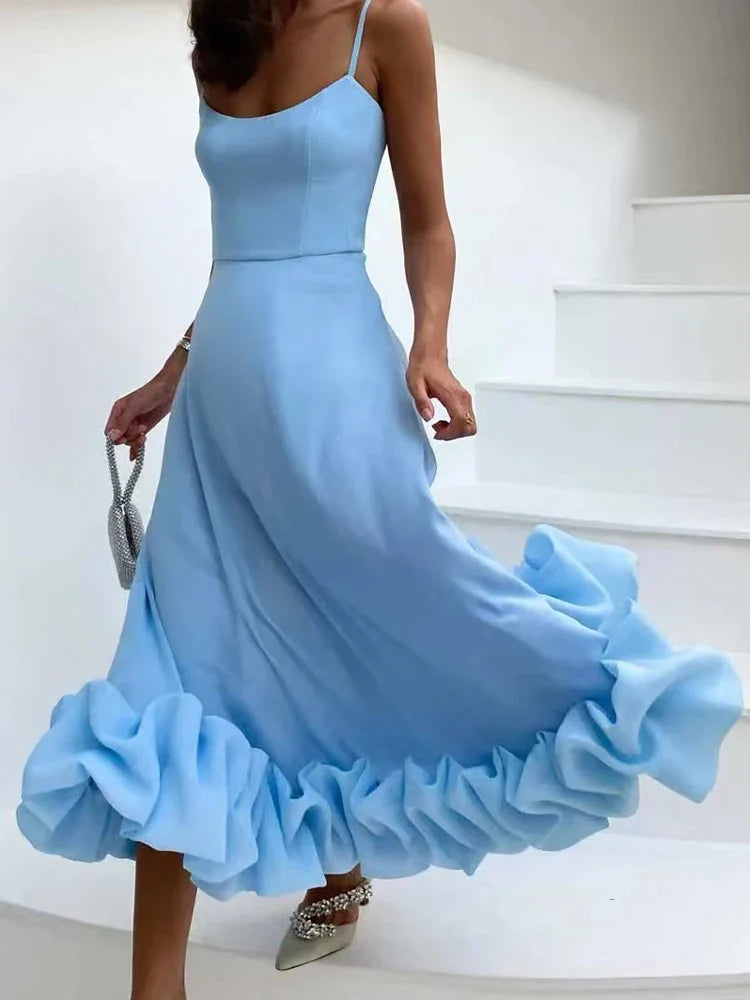 Joëlle | Robe midi bretelles et volants