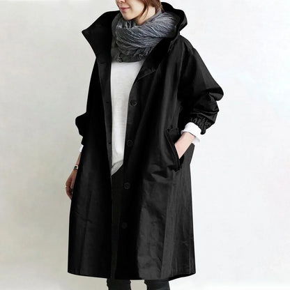 Manteau long femme à capuche avec boutons