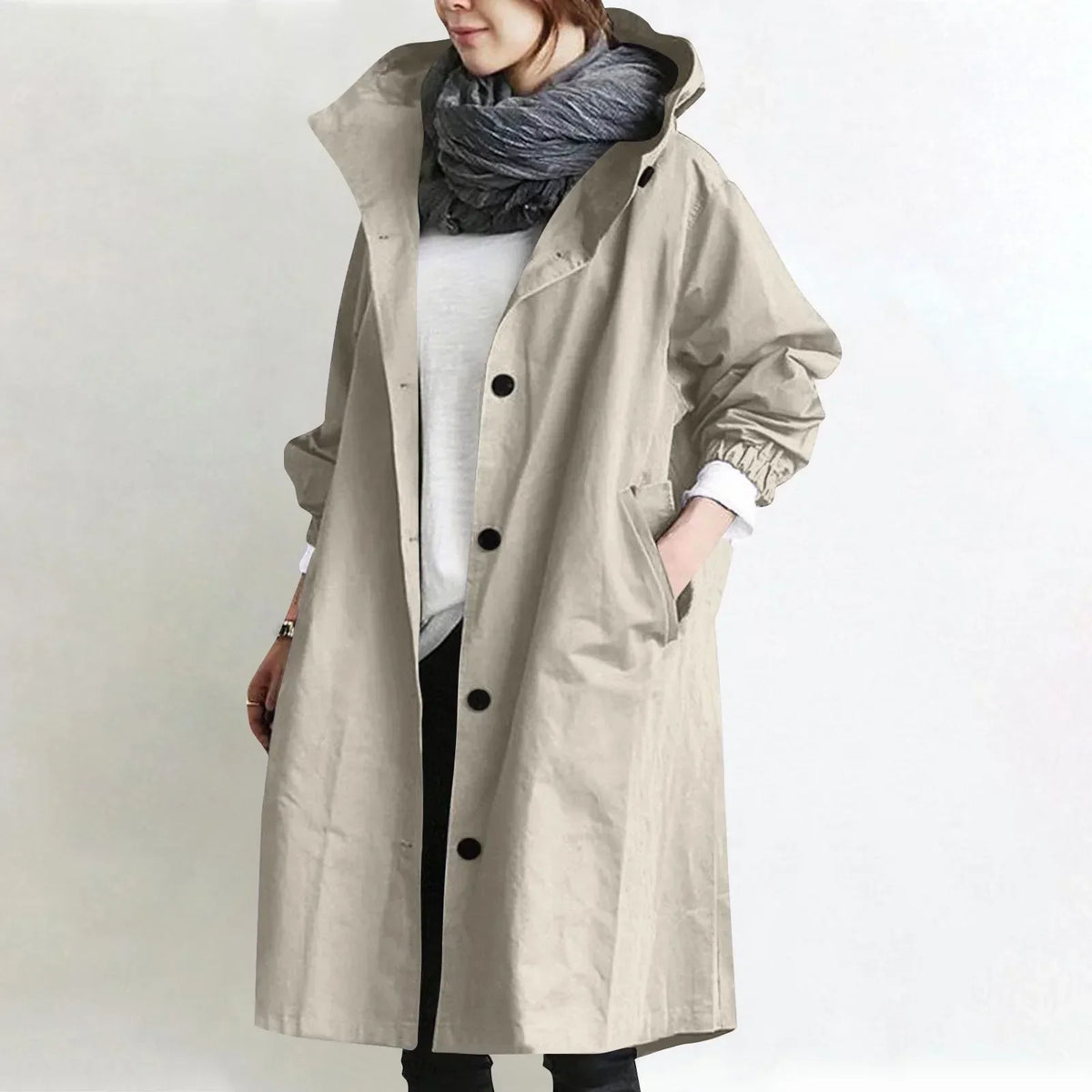 Manteau long femme à capuche avec boutons
