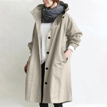 Manteau long femme à capuche avec boutons