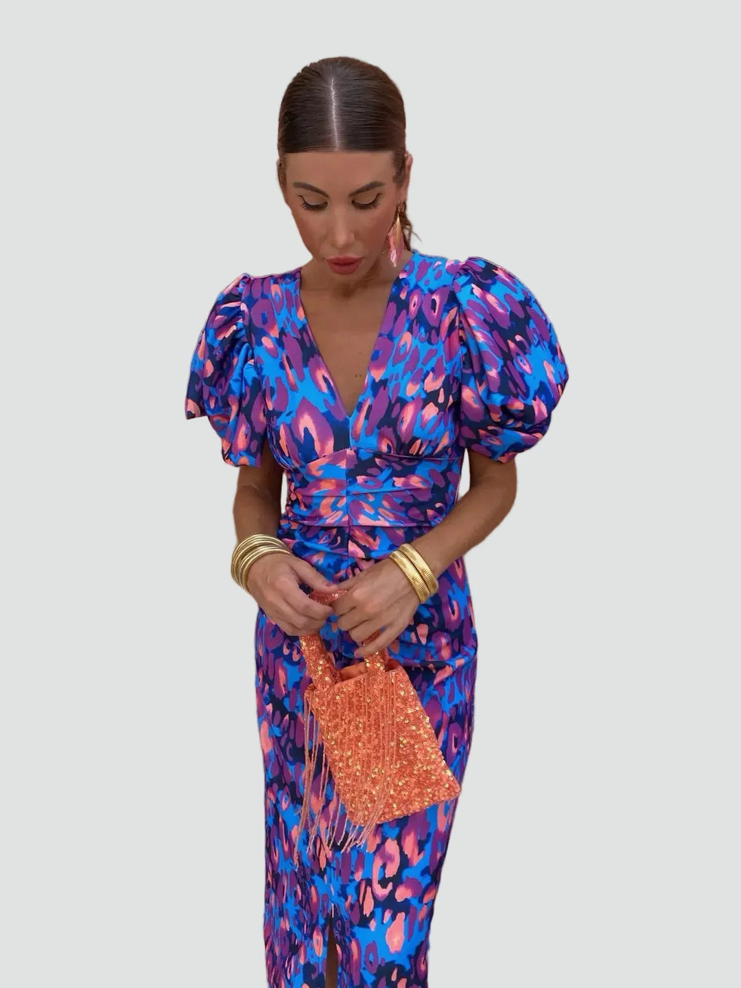 Élise | Robe Midi Fleurie à Manches Bouffantes