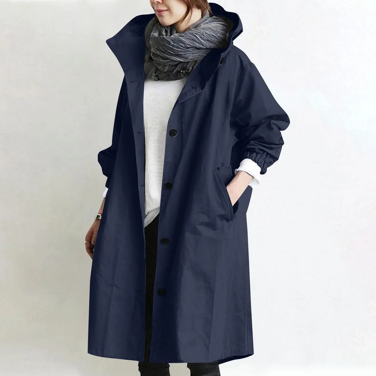 Manteau long femme à capuche avec boutons
