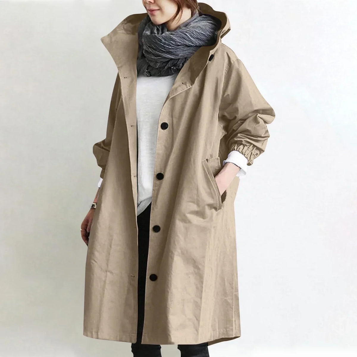 Manteau long femme à capuche avec boutons