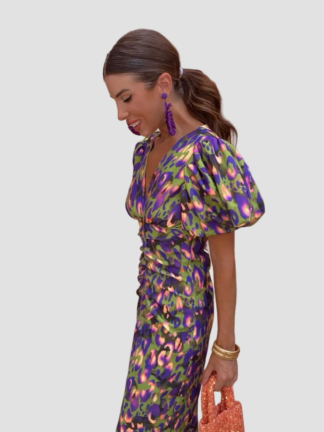 Élise | Robe Midi Fleurie à Manches Bouffantes