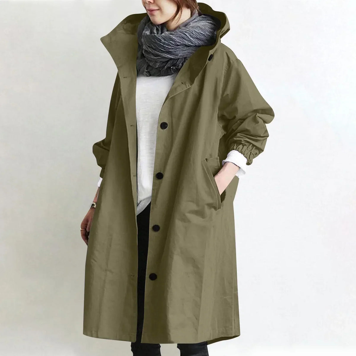 Manteau long femme à capuche avec boutons