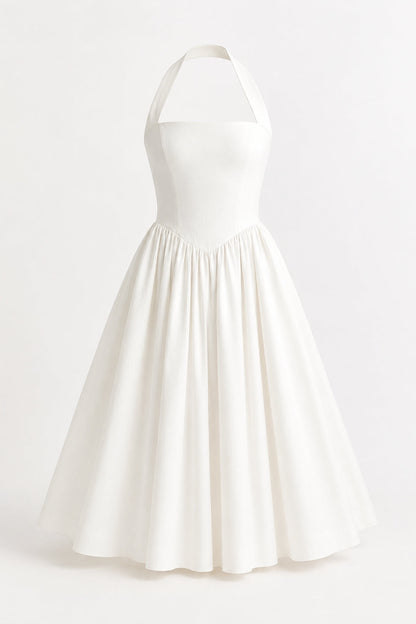Women’s Halter Midi Dress | Open Back | Full Skirt for Weddings & Parties