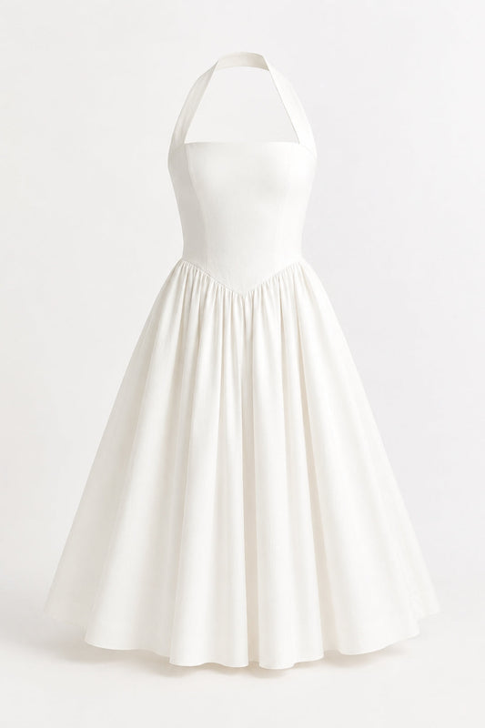 Women’s Halter Midi Dress | Open Back | Full Skirt for Weddings & Parties