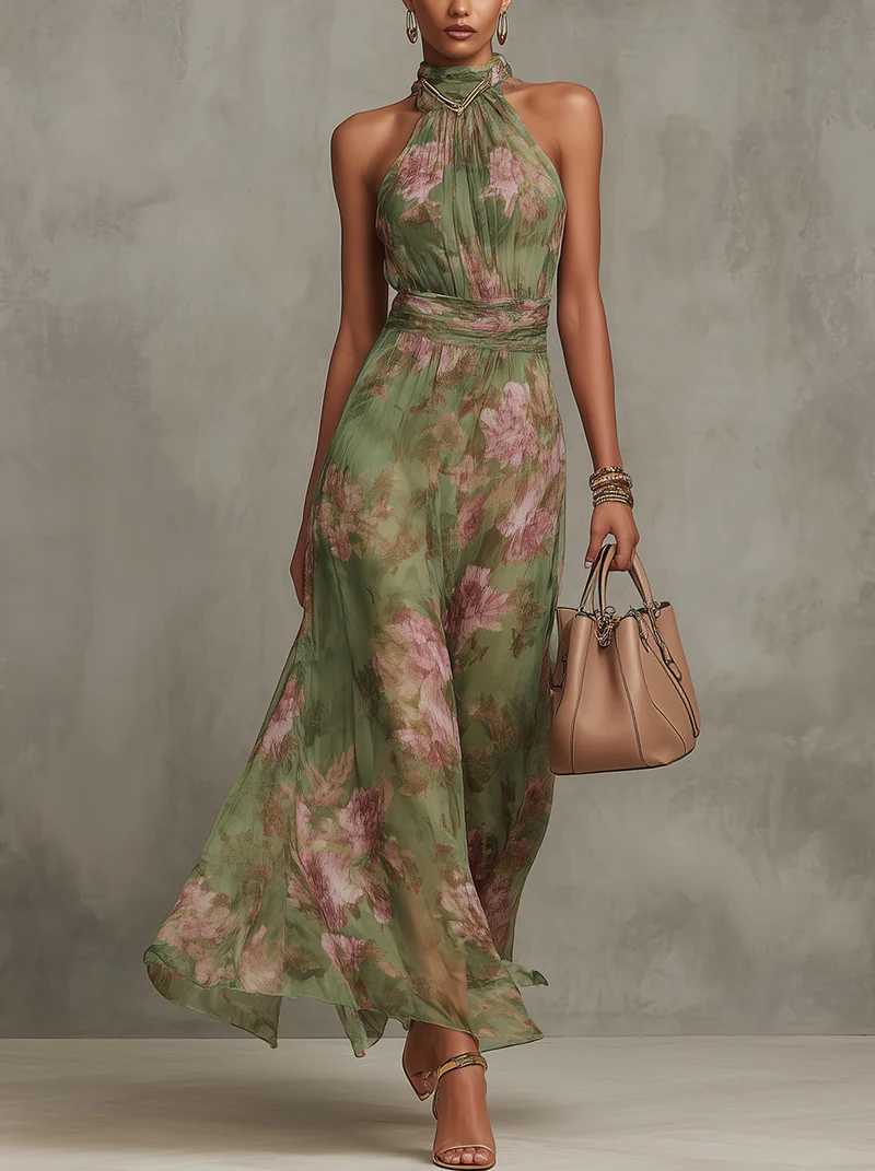 Femme en robe longue fleurie col halter taille cintrée