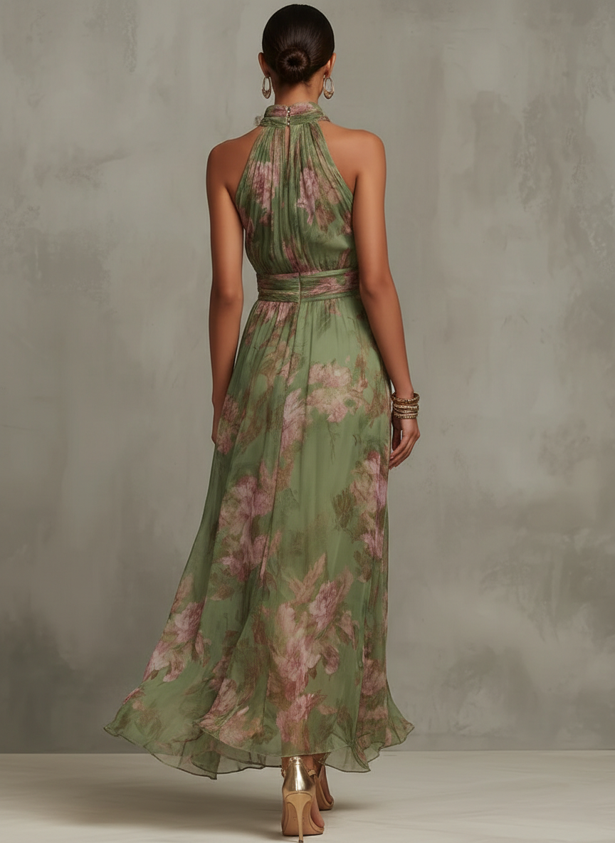Femme en robe longue fleurie col halter taille cintrée