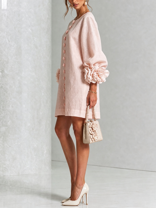 Robe mini fleurie rose boutonnée à manches longues pour femme