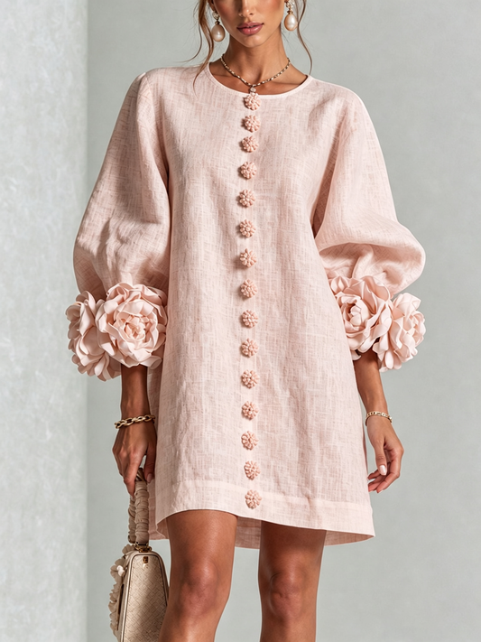 Robe mini fleurie rose boutonnée à manches longues pour femme