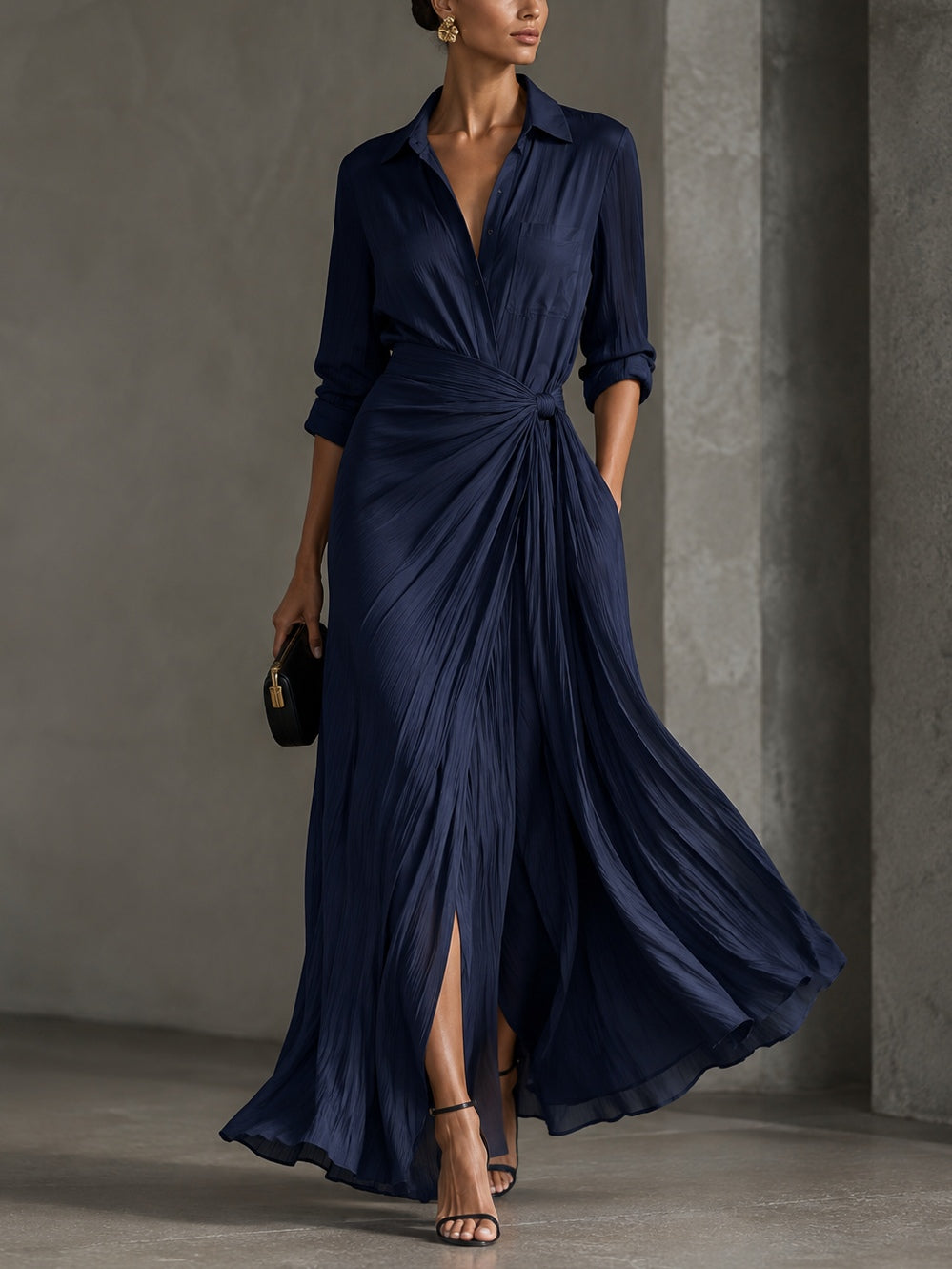 Robe longue bleu marine col V à nœud pour femme