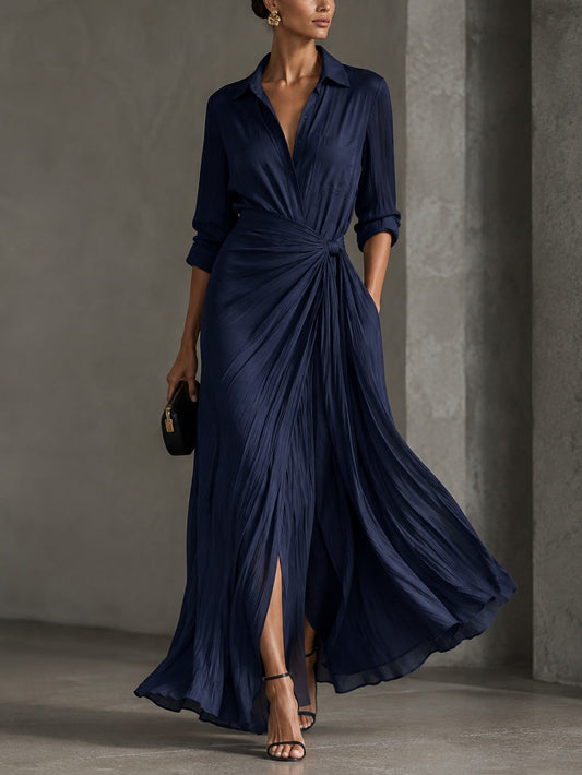 Robe longue bleu marine col V à nœud pour femme