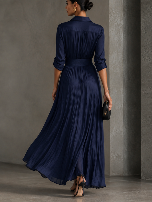 Robe longue bleu marine col V à nœud pour femme