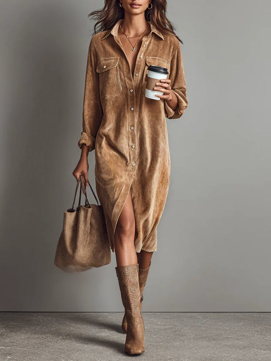 Femme portant robe chemise midi à poches, vue de face