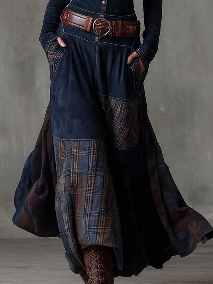 Robe longue patchwork à carreaux avec boutons devant